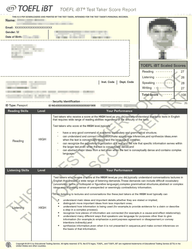 TOEFL Certificate, приклад сертифіката