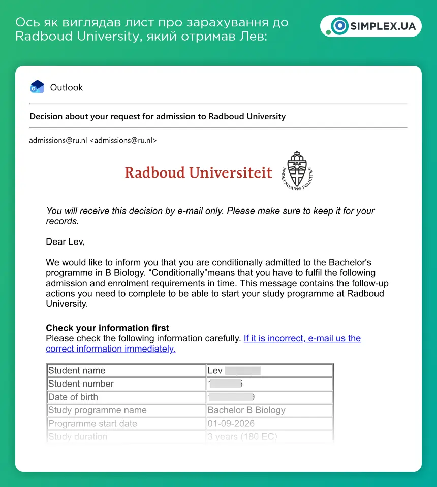Лист про зарахування від Radboud University