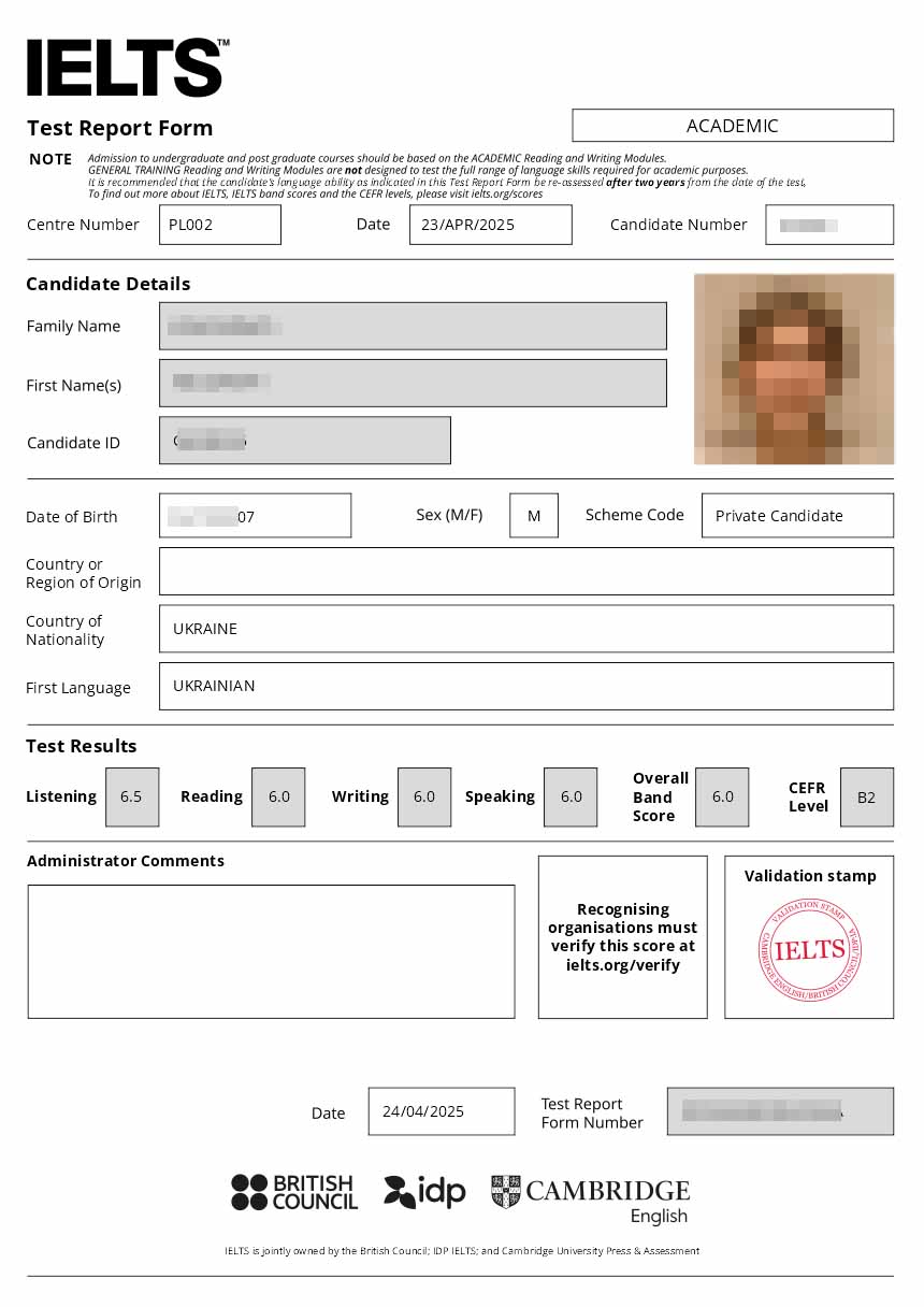 Сертифікат IELTS учня школи SIMPLEX.UA